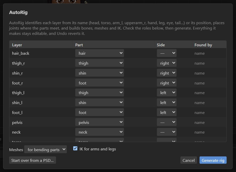 The AutoRig dialog: each layer with its detected part and side