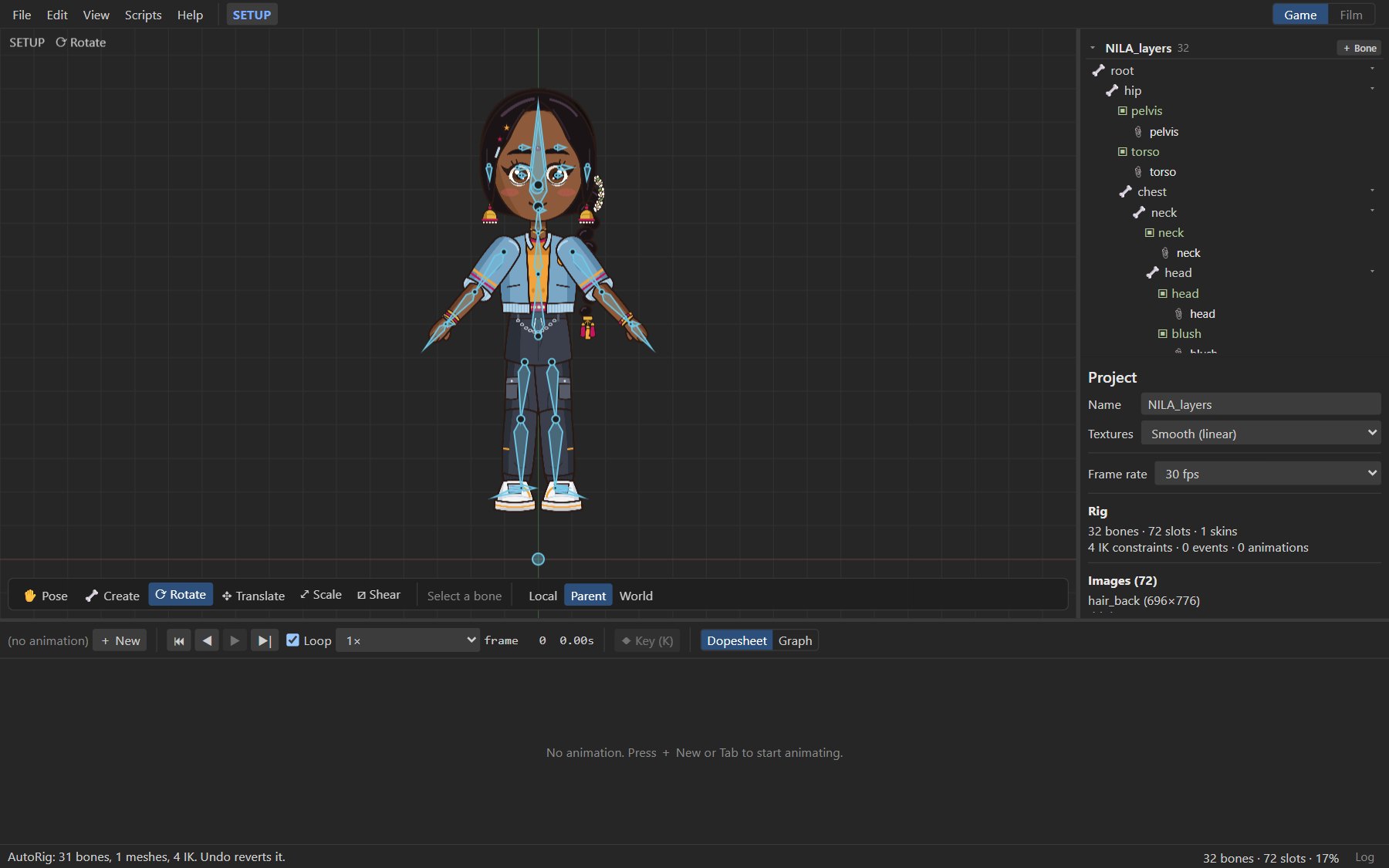 NILA rigged by AutoRig: 31 bones, a bending torso mesh and IK on arms and legs