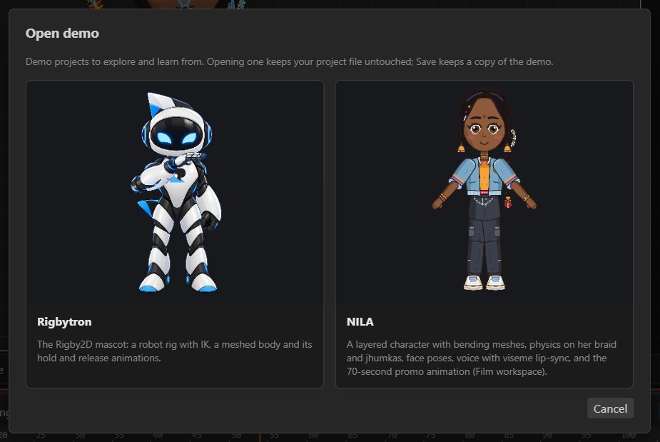 The Open demo dialog with Rigbytron and NILA