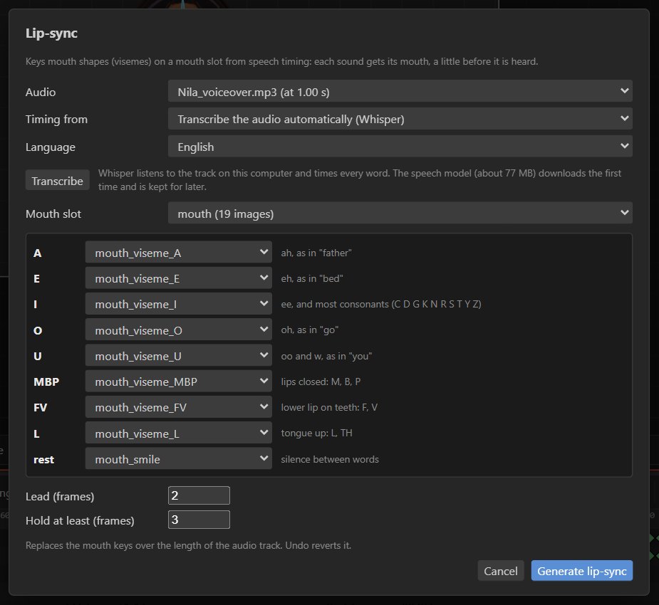 The Lip-sync dialog: audio track, timing source, mouth slot and the mapping of the nine mouth shapes to NILA's mouth images