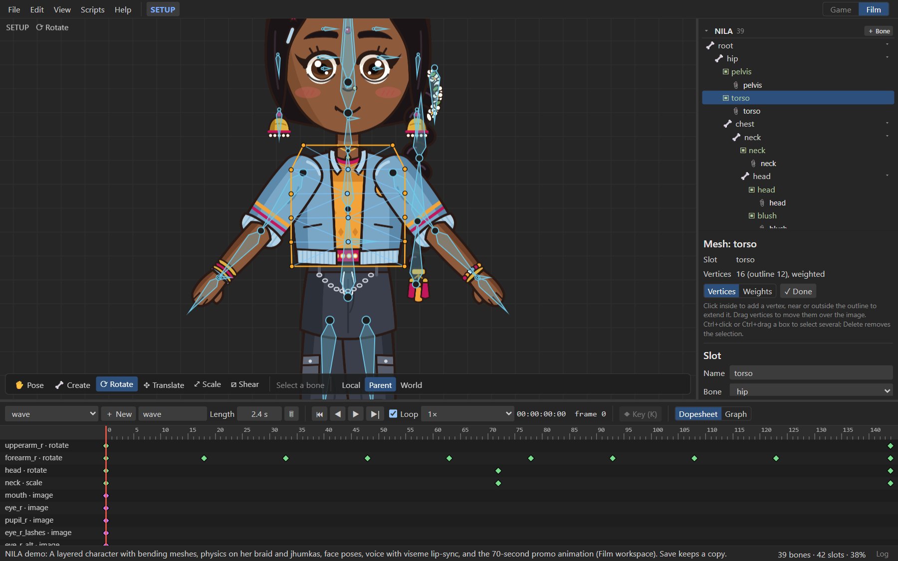NILA's torso mesh in Setup mode: the outline and inner vertices over the image