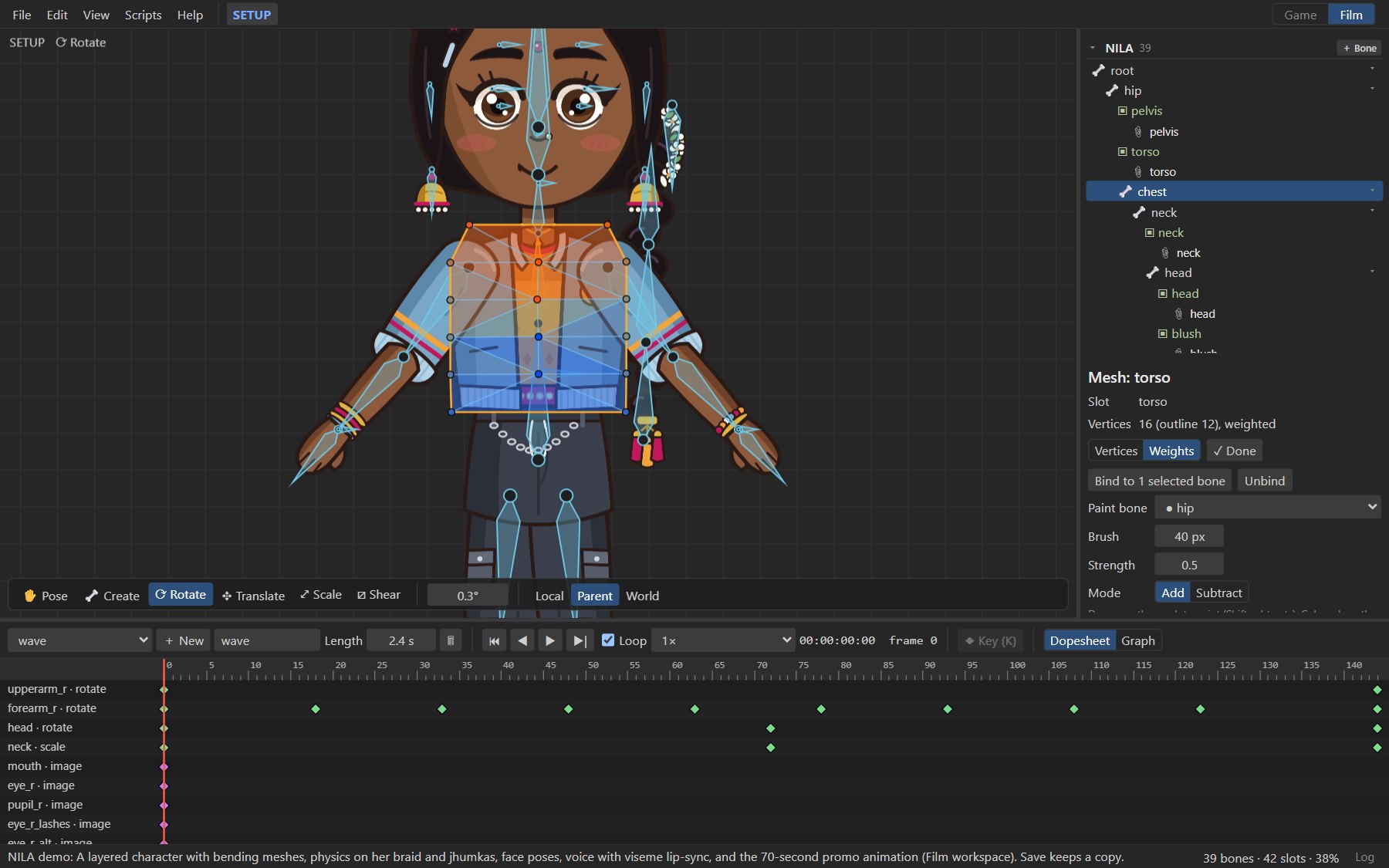 Painting weights on NILA's torso: red where the paint bone has full weight, blue where it has none