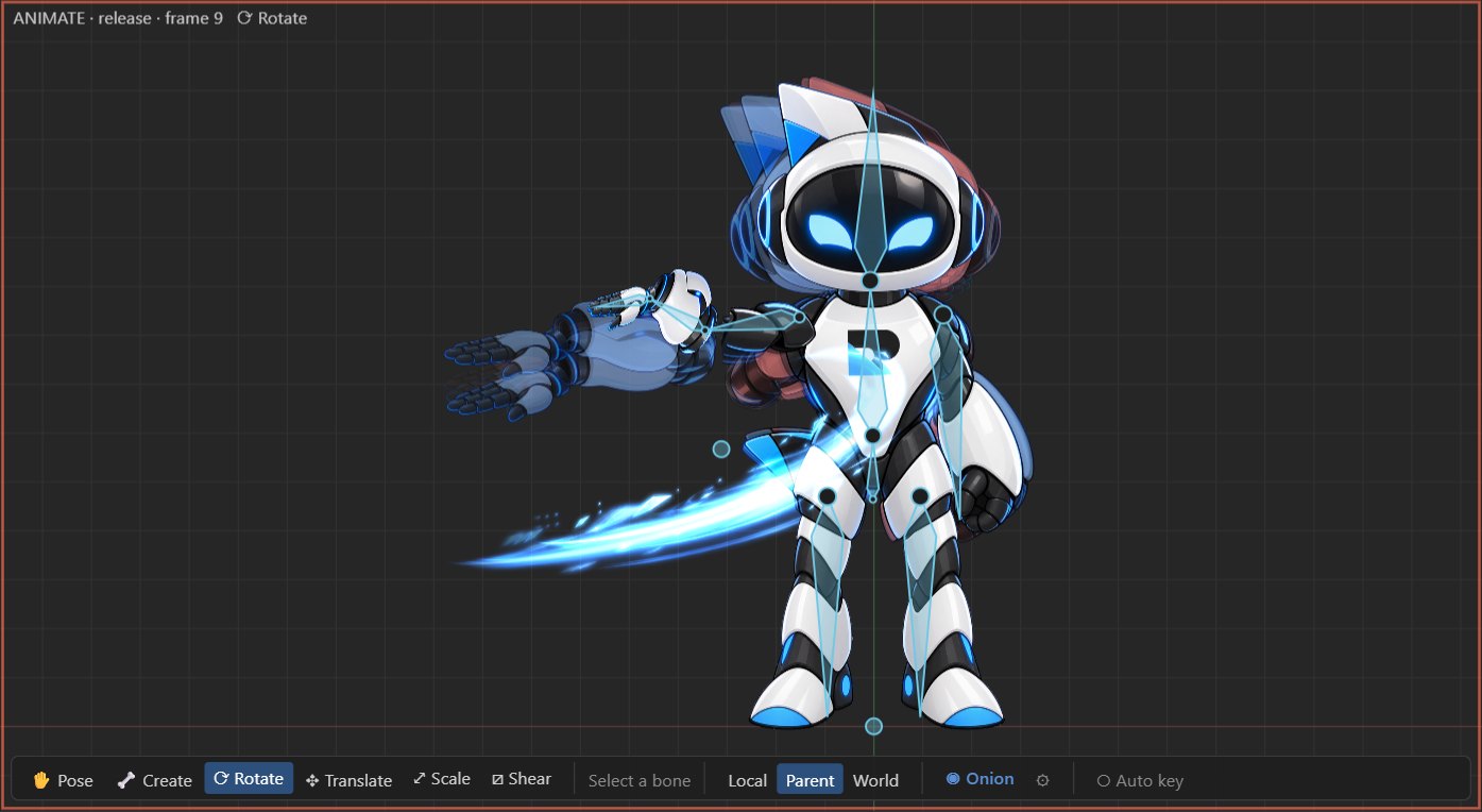 Rigbytron's release animation with onion skin: red ghosts for past frames and blue for future frames