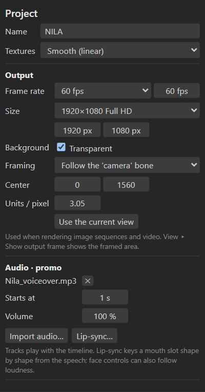 The project panel in the Film workspace: output frame rate, size, background and framing, then the animation's audio track