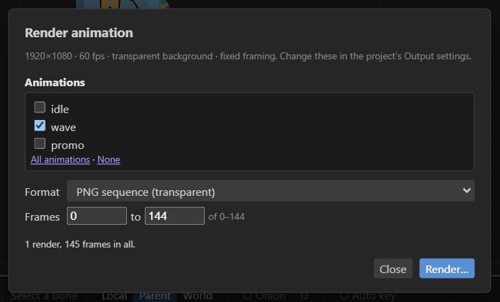 The Render animation dialog: format, quality, frames and the animations to render