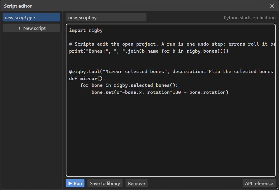 The script editor with a Python script, its Run and Save to library buttons